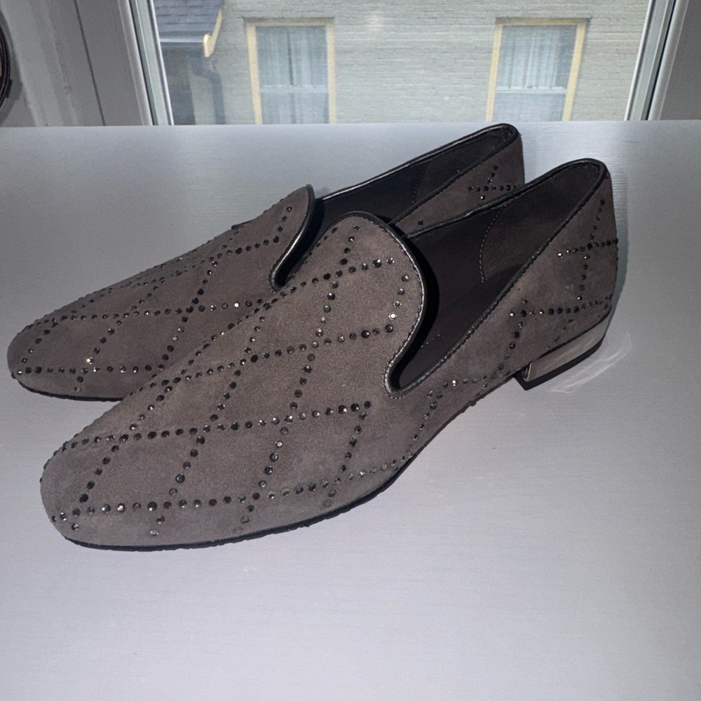 Donald J. Pliner Taupe Suede Studded Slip-On Loafers